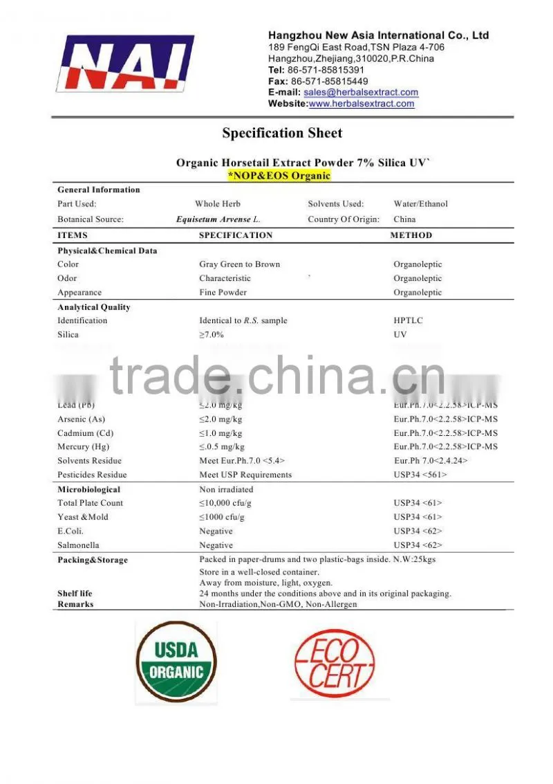 Organic Horsetail Extract Powder,NOP EOS Organic,100% ID,Non-Irradiation,Low Contaminants of Aflatoxin,PAHs,Heavy Metal