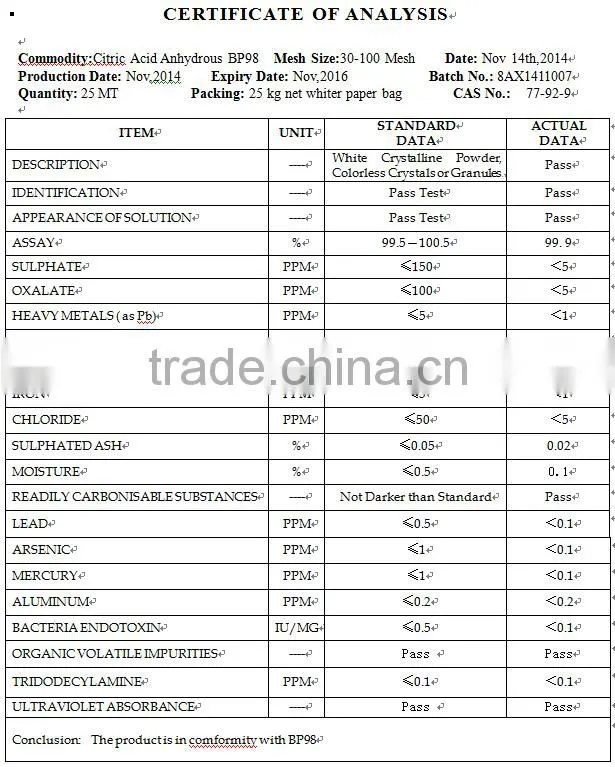 Food Additives Citric Acid Monohydrate / Anhydrous BP98