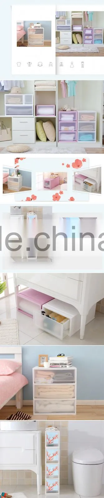 Wholsale emc 3 tiers plastic drawer storage cabinet with color print transparent storage box