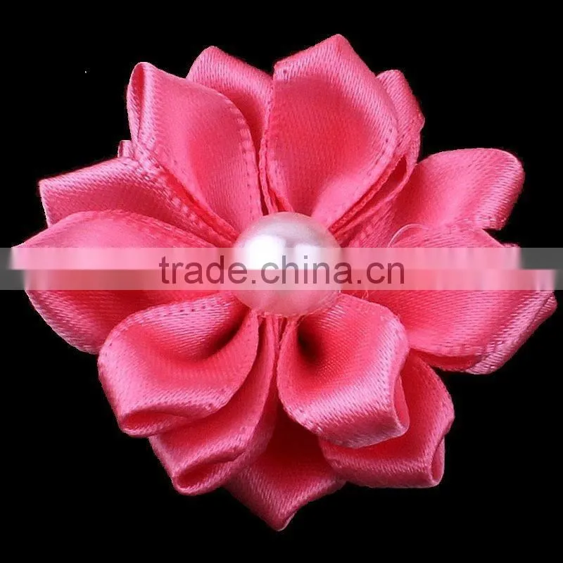 satin ribbon flower with pearl bead center for kids hair accessories