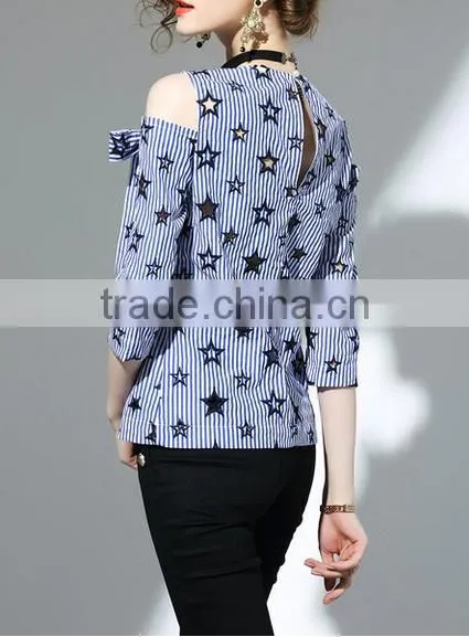 2017 summer newest fashion round neck cold shoulder blouse with stars pattern