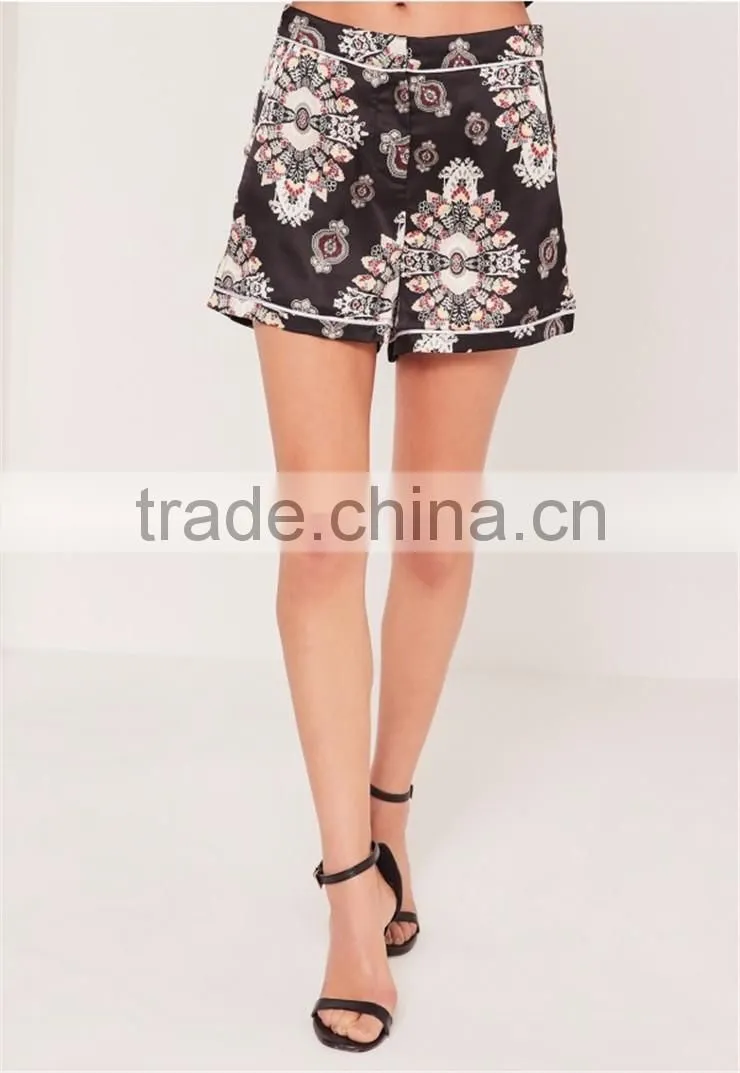 Custom Full Print Women Satin Wide Leg Boxer Shorts Floral Print Tailored Shorts Black