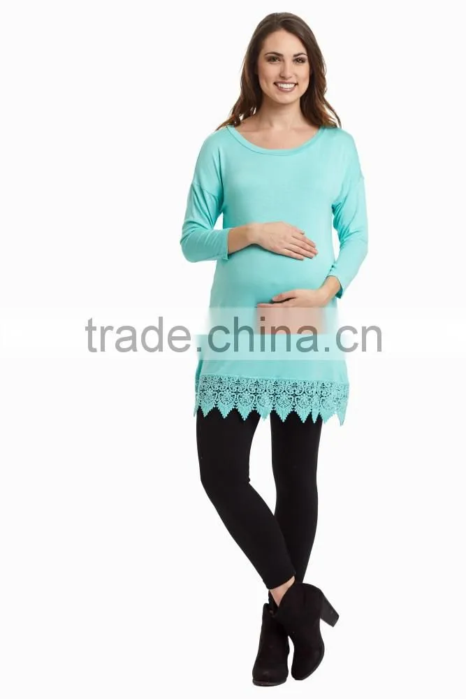 Wholesale long sleeve green maternity wear clothes with crochet trim