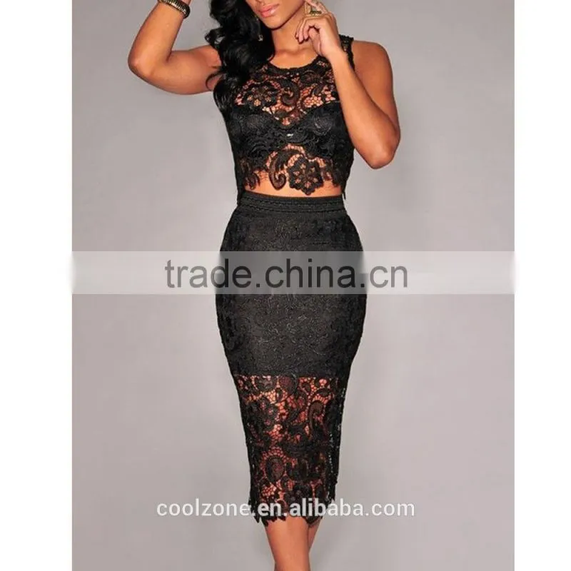 Ladys Sexy Floral Sheer Sleeveless Lace Crop Top and Midi Skirt Set Women Party Dress