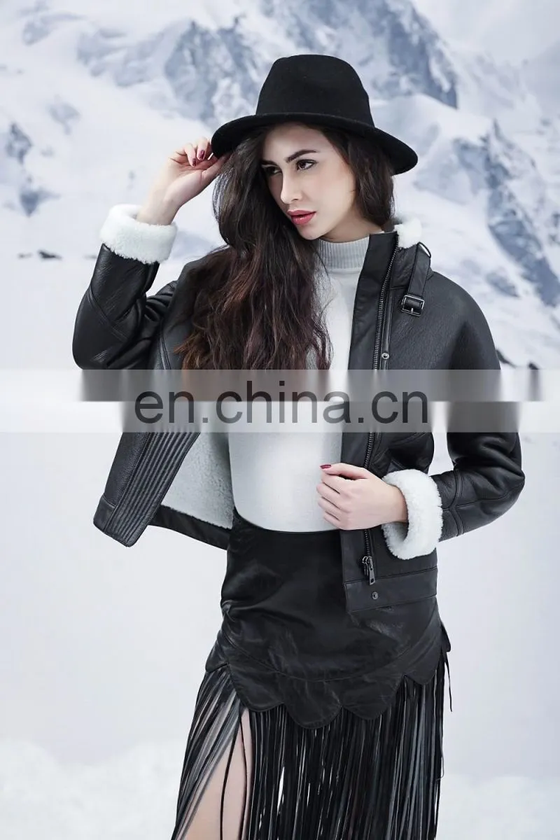 Cool Style Black Genuine Leather Jacket Women's Merino Sheepskin Fur Coat Punk Real Fur And Leather Jacket