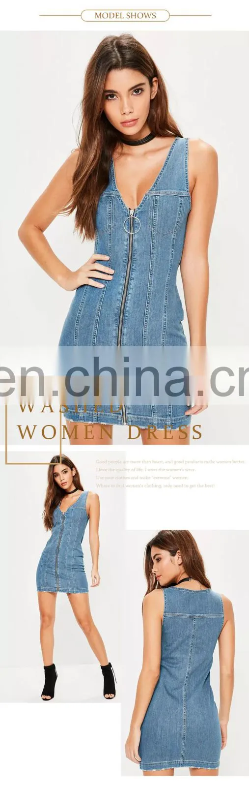 office wear summer casual fashion women fitted zip through denim mini dress