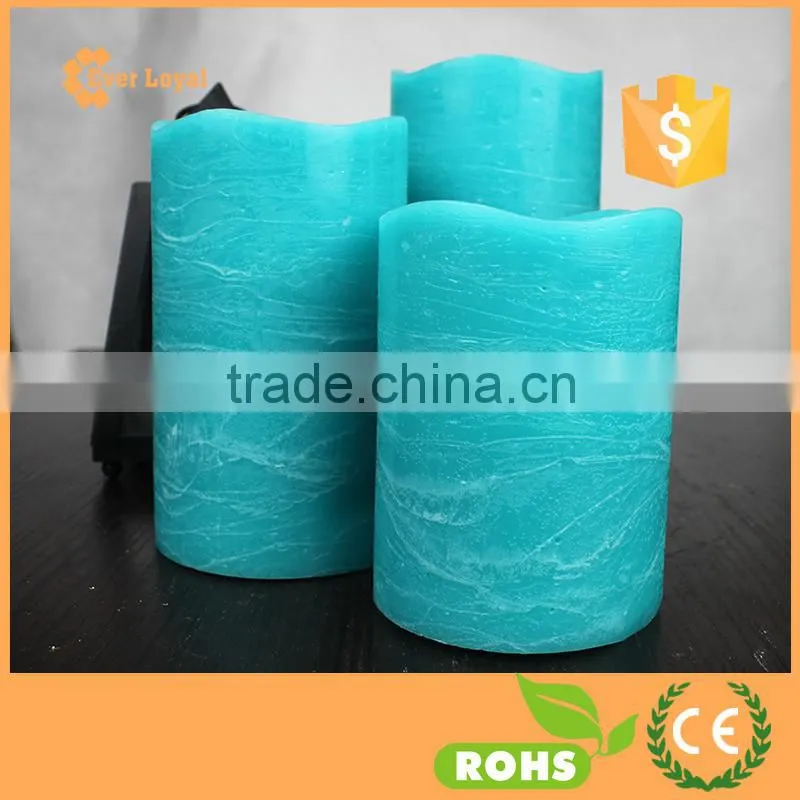 Flickering Flame LED Wax Candles Light Rustic Pillar Candle Set With Special Peacock Blue