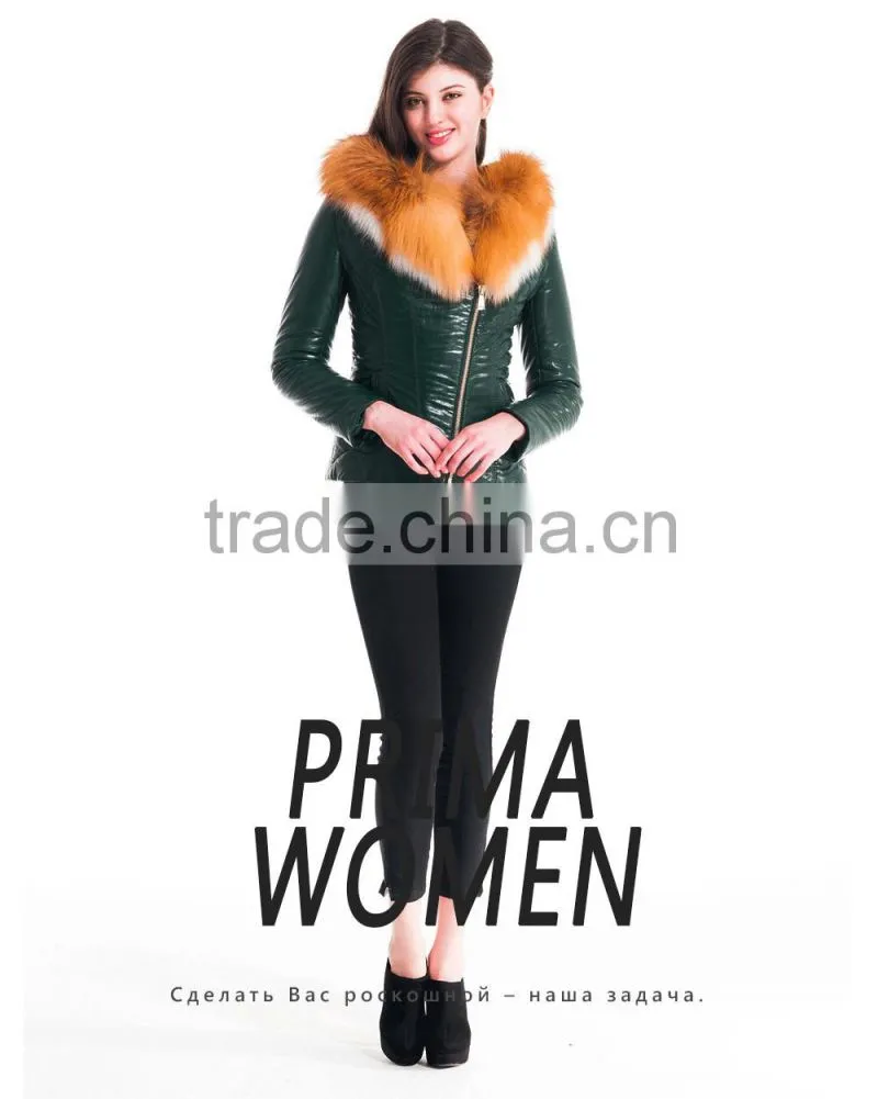 New Design Winter Women Short Slim Fit Leather Jacket With Red Fox Hat Overcoat