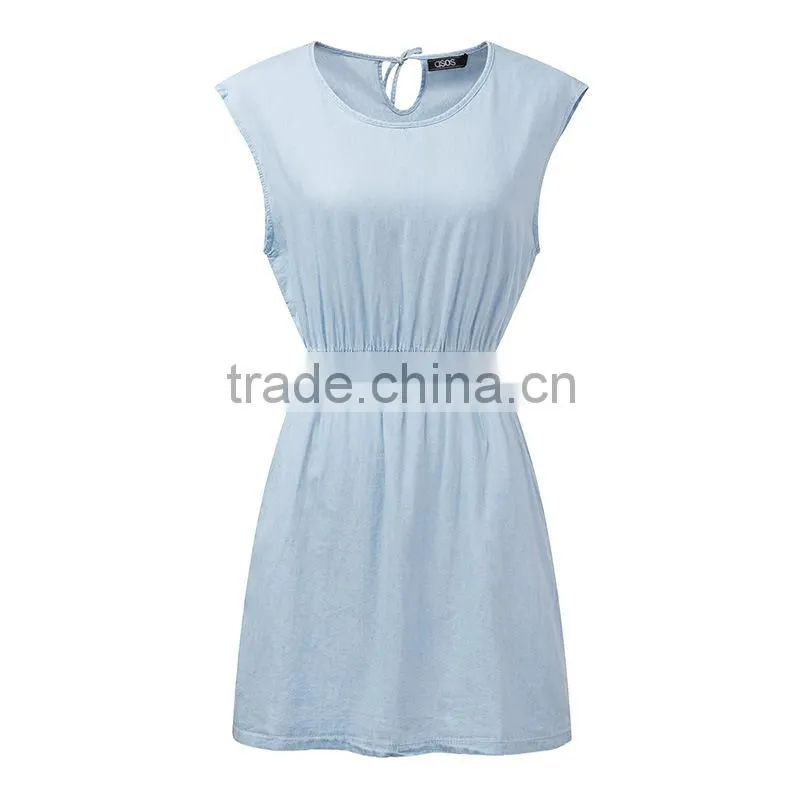 2015 fashion Hot Girl casual loose sleeveless denim round neck sexy mini summer dress