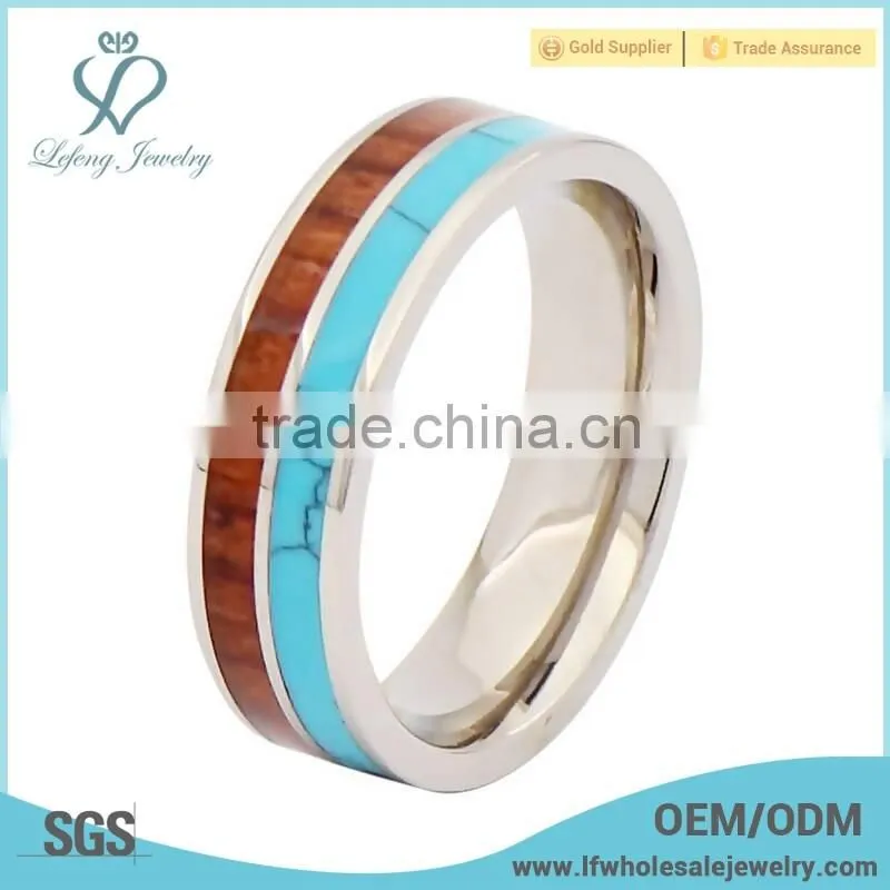 Wood grain and turquoise inlay matching titamiun ring,titanium jewelry allergy