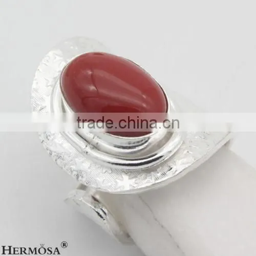 Adjustable Genuine Oval Spark Red Coral 925 Sterling Silver Lady Gift Ring