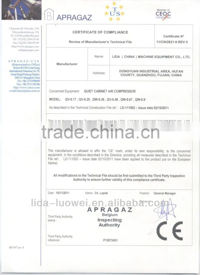 CE quiet cabinet silent air compressor QW-0.80