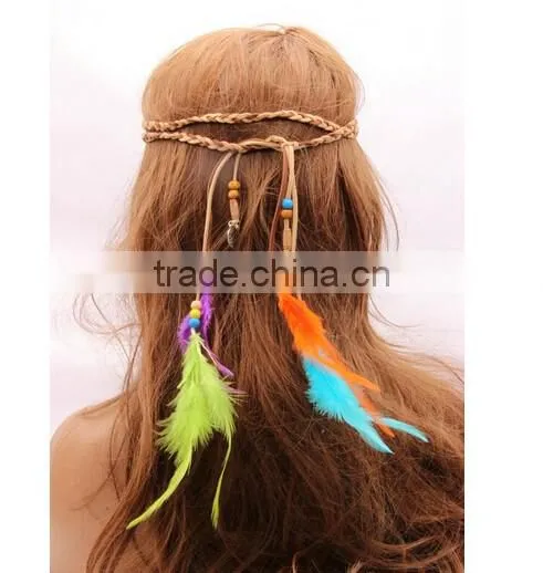 Women Girl Bohemian boho Fashion Handmade Multicolor Feather and Gold Leaves Pendants Hairband
