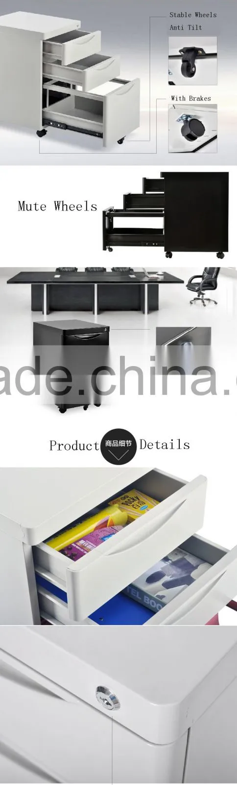 TJG Taiwan Large Movable Drawer Cabinet Type 3 Drawer Metal File Cabinet Wholesale Price
