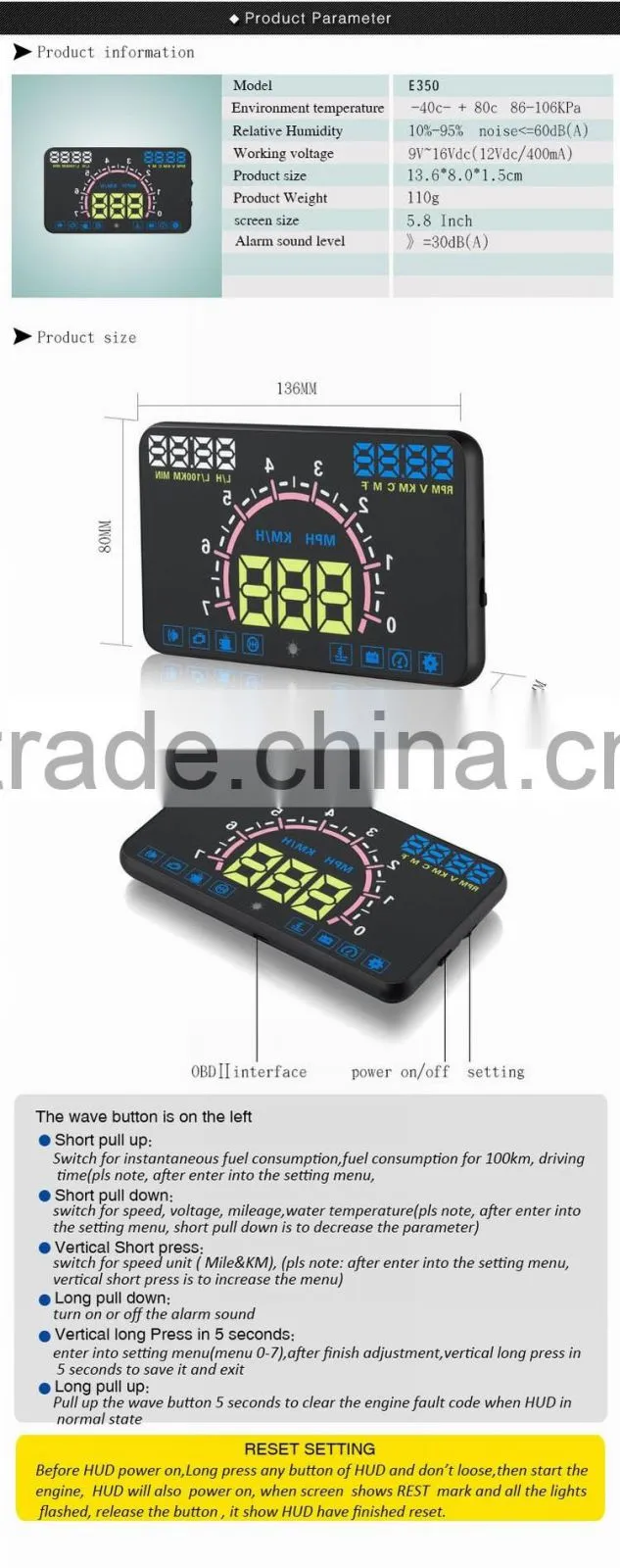 5.8 inch Car HUD Head Up Display System OBD II Speed Monitor ,hud speed display XY-HUDE350