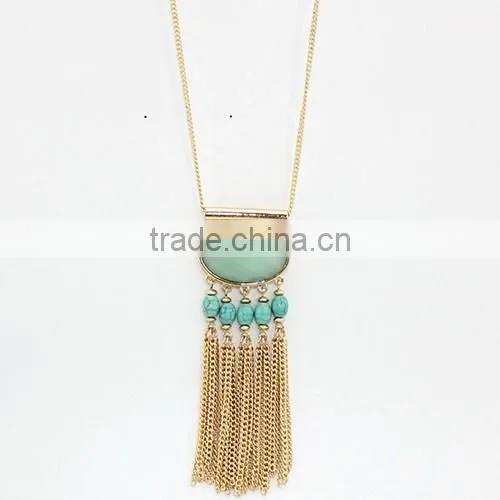Elegant Green Gemstone Turquoise Necklace With Tassel Chain