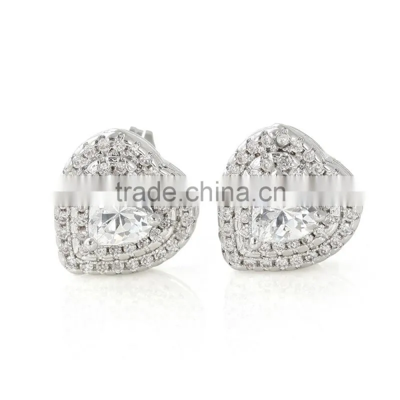 Double row diamond love shape Heart-shaped zircon earrings