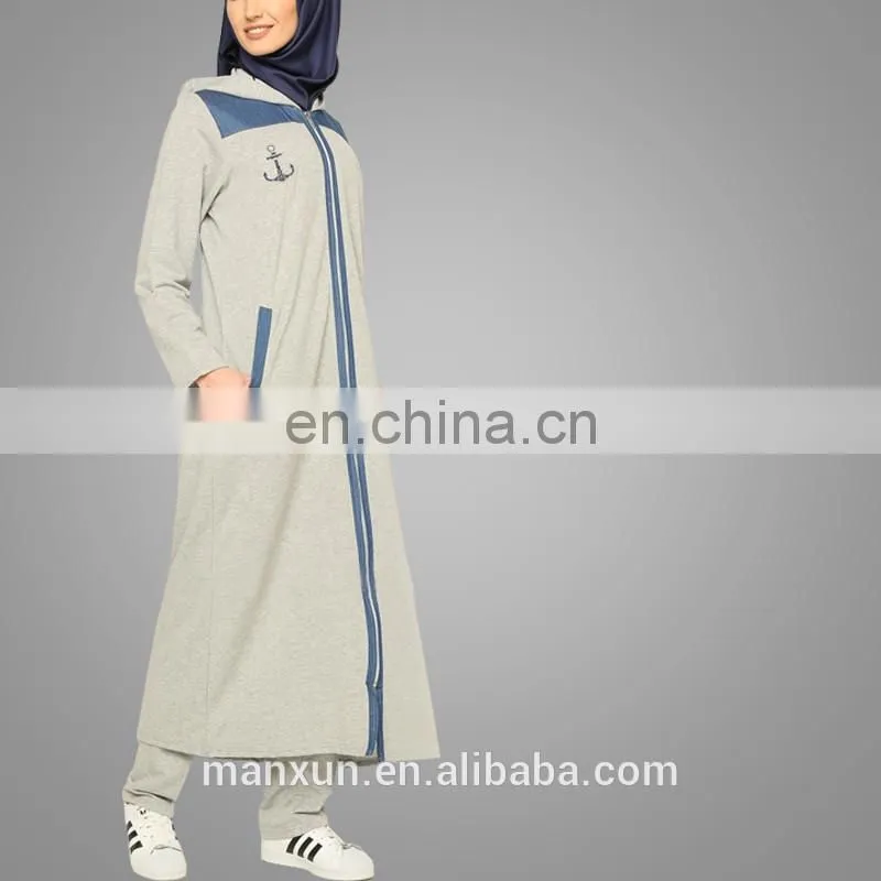 Soft joint denim sport wear two pieces cotton muslim sportive women dress long dress