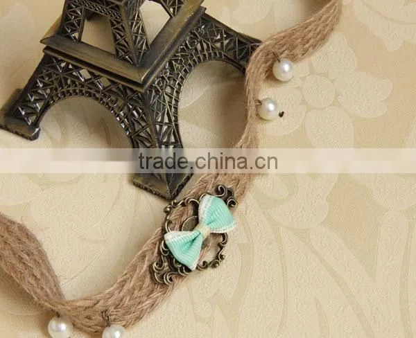Little Fresh Retro Handmade Faux Pearl & Bowknot Hemp Rope Elastic Hair Band Fashion Headband