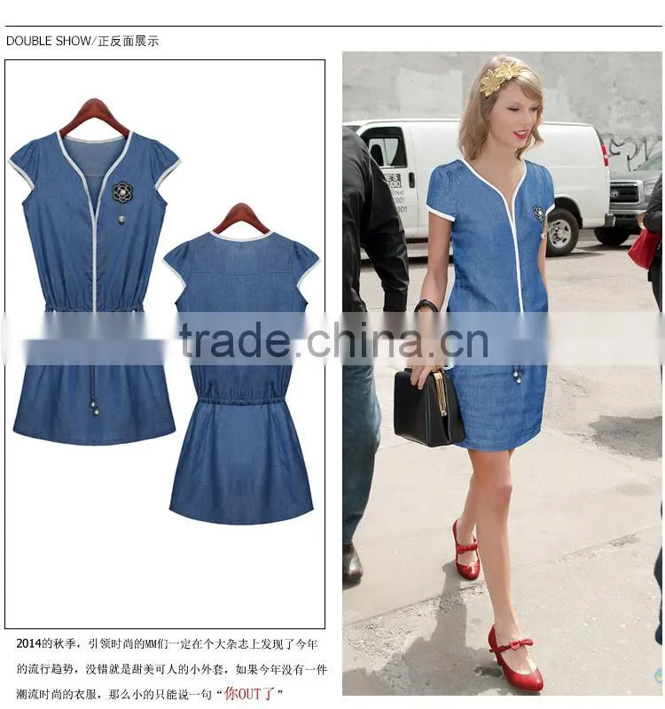 2015 Casual Women Newest Denim Dress High Qality Sleeveless Ladies fashion Denim Dress With flower