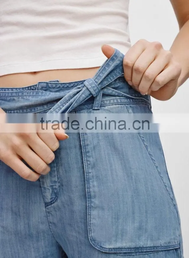 Hot Trendy Women High Waist Pockets Bow Sashes Denim Jeans Harem Pants Trousers