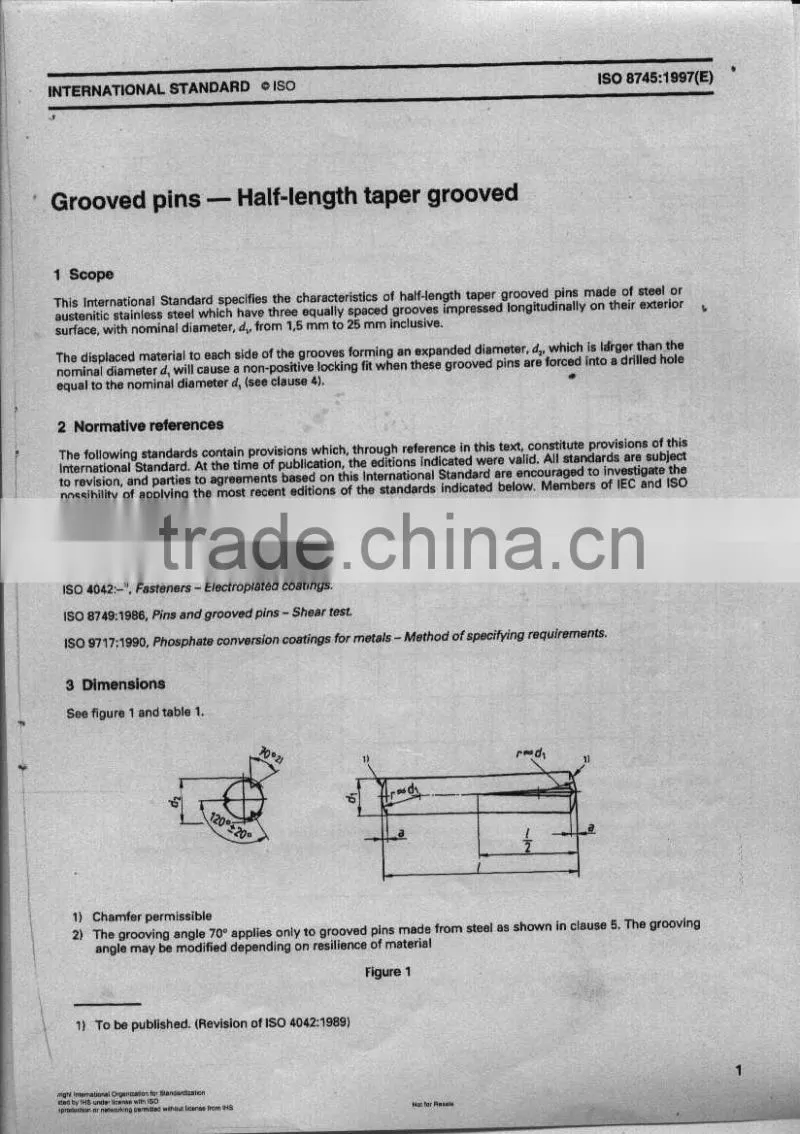 Grooved pins, half length taper grooved ISO8745