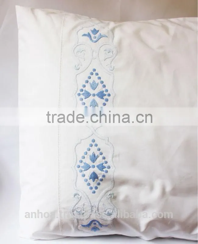 100% white cotton blue pattern embroidered hemstitched pillowcases