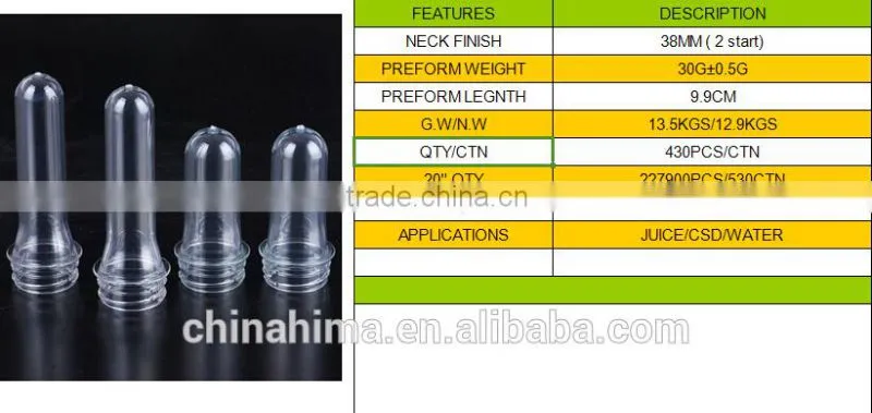plastic bottle preform 38MM 30G PETFOR MINERAL BOTTLE/JUICE/CSD/HOT FILLING