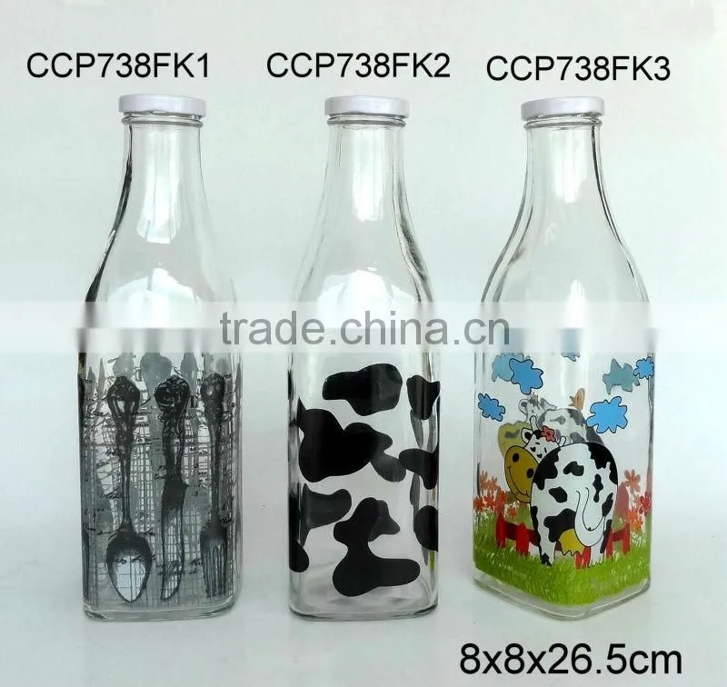 CCP763K5 glass milk bottle with printing with plastic screwed lid