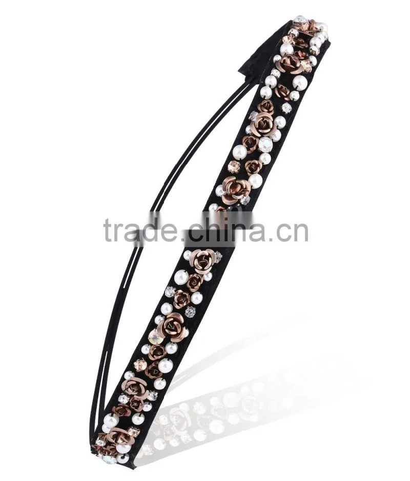 Womens Fashion Chain Jewelry Hollow Rose Flower Elastic Hair Band Headband