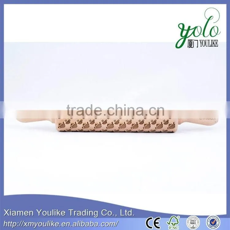 eco-friendly bamboo rolling pin with engraved tea pot pattern