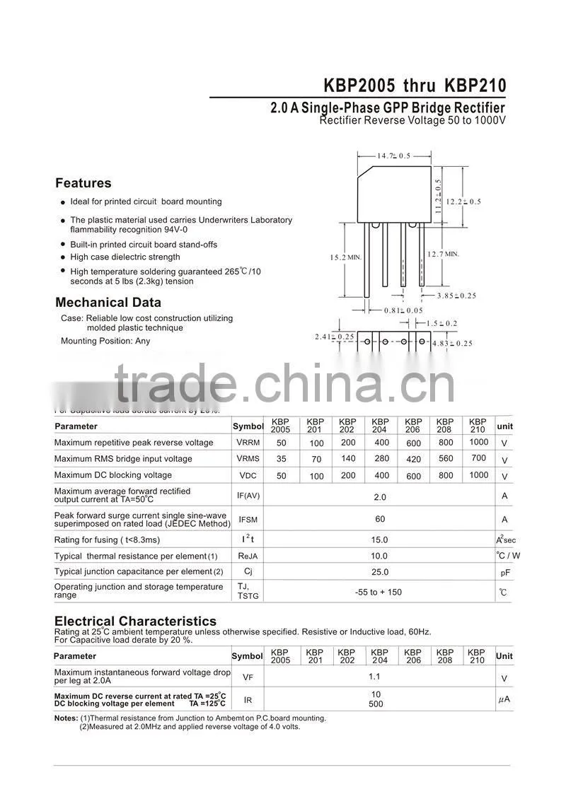 Single Phase 2.0 A 1000V Silicon Bridge Rectifier KBP210