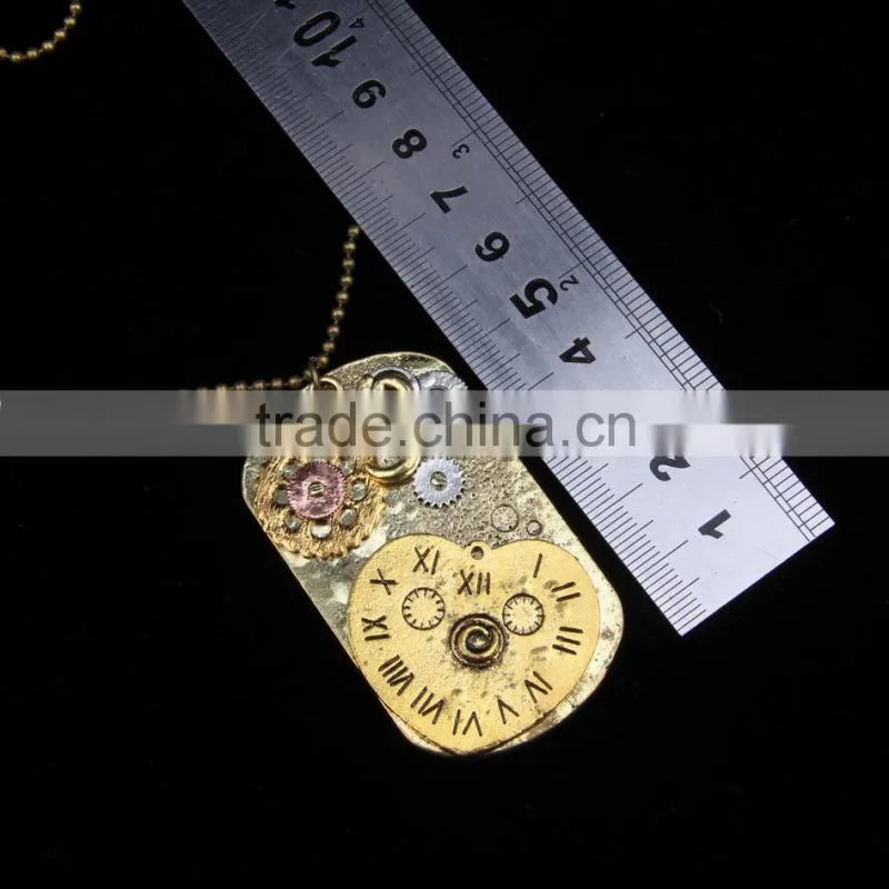 2015 yiwu fashion imitation jewelry hot sale steampunk necklace dog tag gear steam watch pendant cameo statement necklace