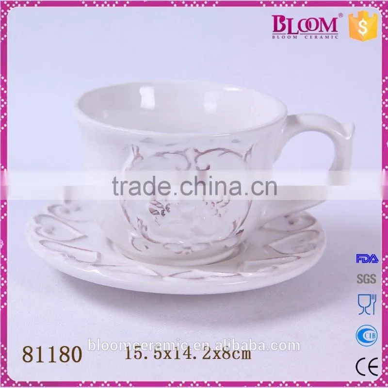 Simple design ceramic white coffee cup and saucer