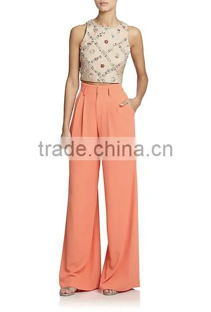 2015 wholesale women office slim Ladies plain color pleated loose high waist wide leg long pants