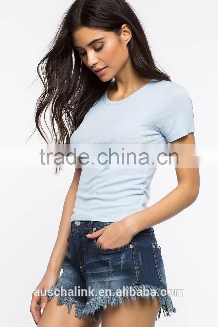 OEM service women cheap ribbed knit plain slim fit t shirt