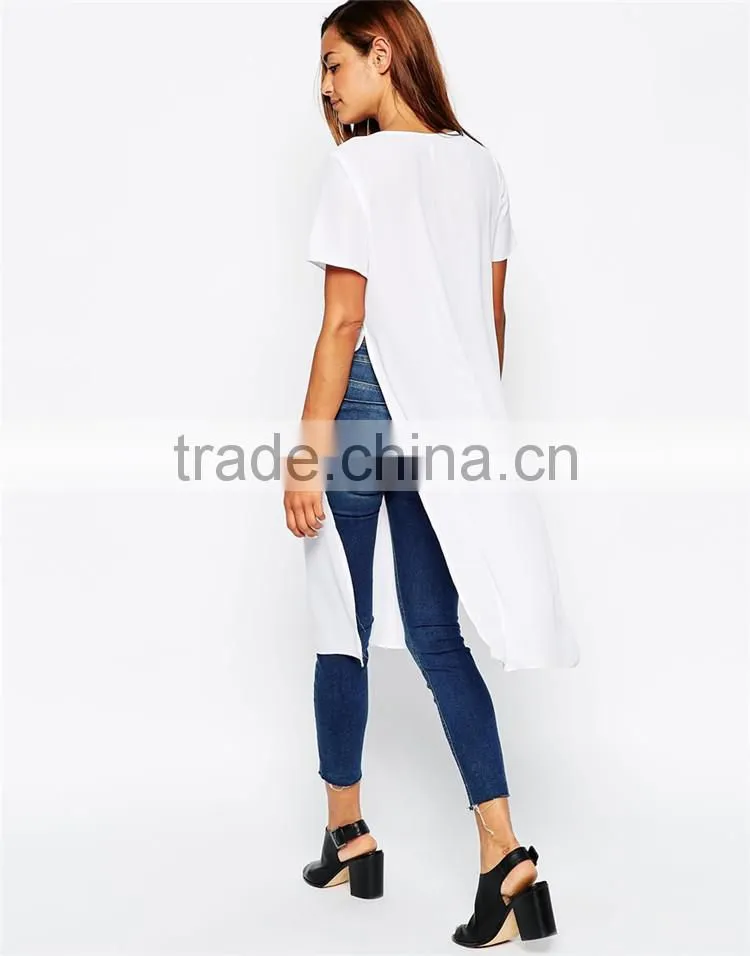 Girls longline plain white v neck 100 cotton white t shirt