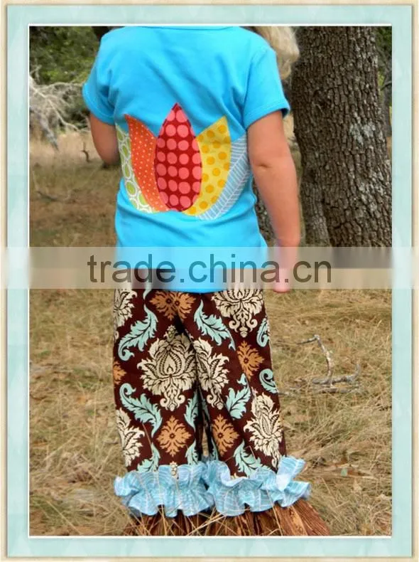 Turkey Tail Set Double Ruffle Pants and Turkey Top Long or Short Slvd Applique Blue Shirt & Floral Ruffle Pant set 2016