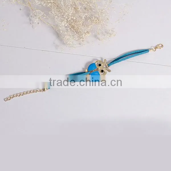 New Fashion Gold Plated Blue Suede Velvet Cord Halloween Owl Connector Black Enamel Bracelets