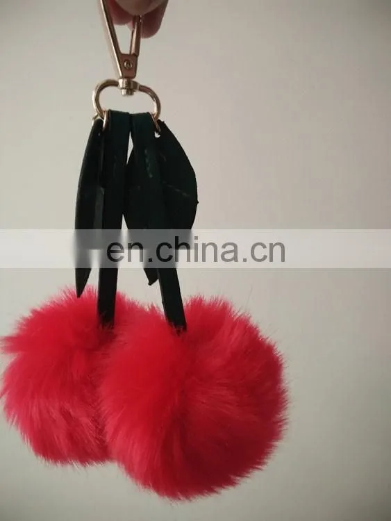 fashion double red faux fur ball bag charm with leafs 2016 new design pom pom keychain