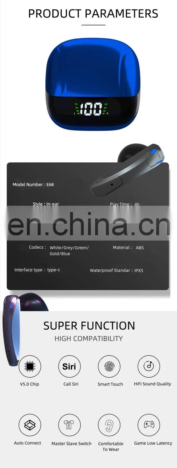 Wholesale E68 acoustic earbuds super mini sports headphone tws earphone with charging cases
