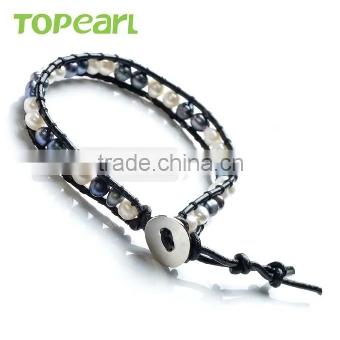Topearl Jewelry Potato Shape White and Black Freshwater Pearl Bracelet Woven Leather Wrap 2016 Popular Beaded Bracelets CLL158