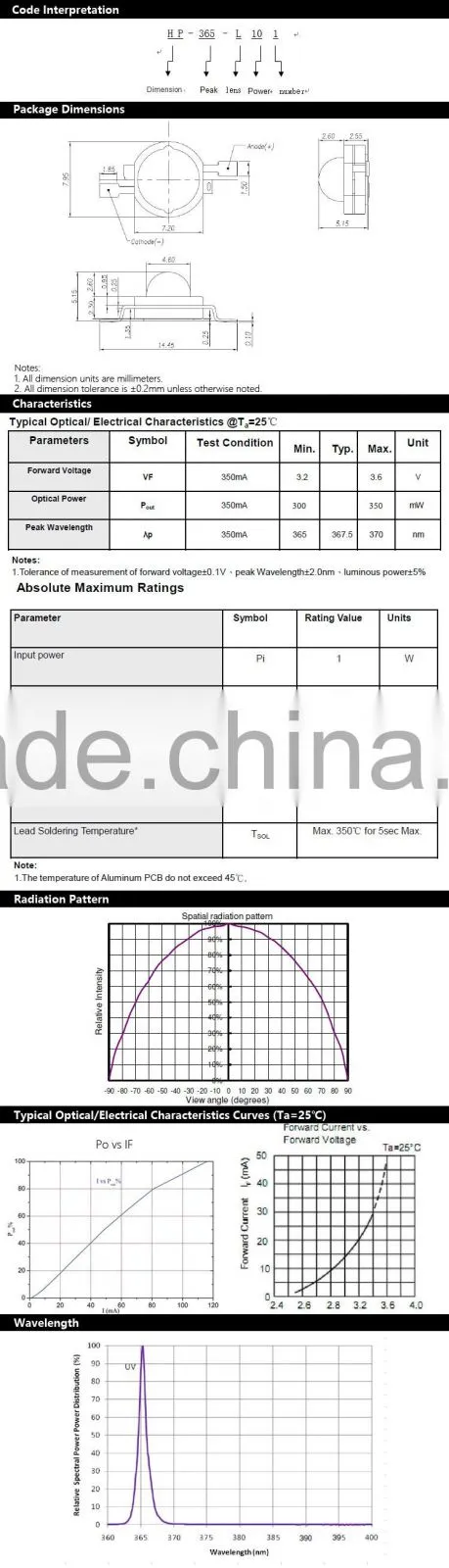 2015 New Sale 1W SMD K1 365nm UV Lamp LED Light Source with LUMILEDS Simulation FACTORY