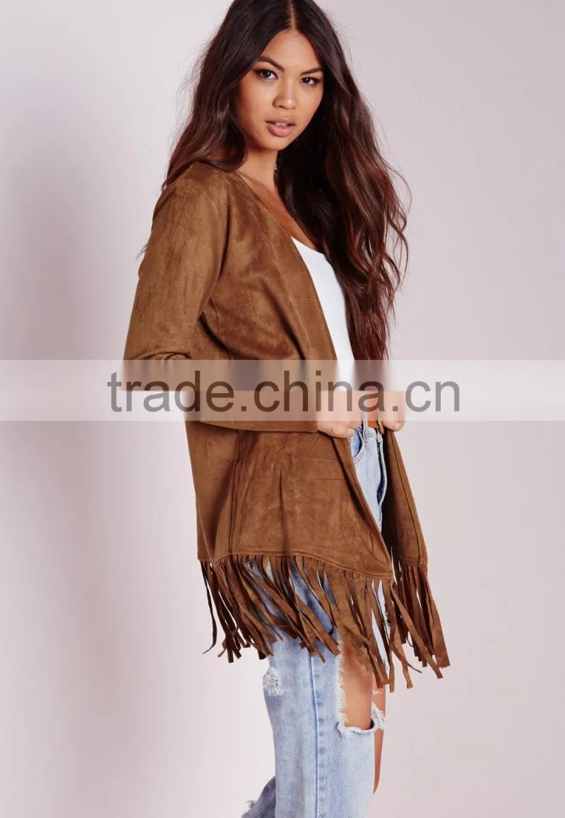2015 Women Winter Long Sleeve Faux Suede Jacket with Fringe Hem