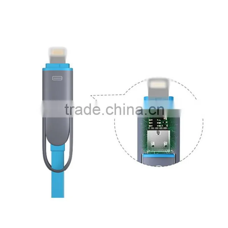 Hot selling Multi-function colorful flat 2 in 1 mobilephone usb data charging cable