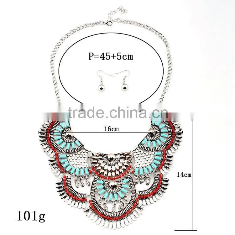 2016 Hot Sale Personality Silver Plated Geometric Pendant Multilayer Tassel Big Jewelry Set