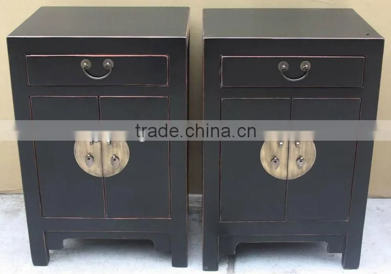 Chinese antique pine wood black bedside cabinet
