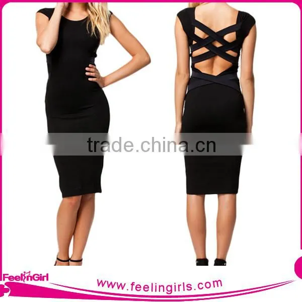 Hot Sale Black Crossover Design Knee Length Bodycon