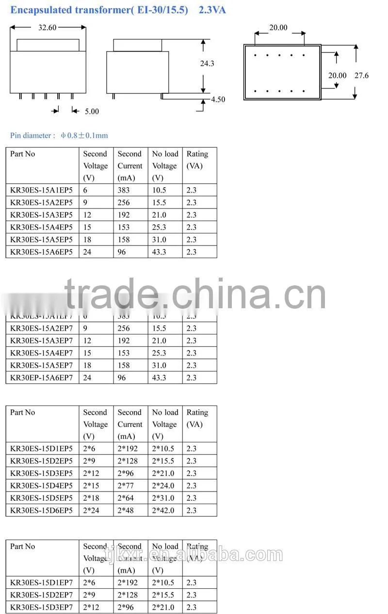 CE ROHS, UL VDE approved, EI30/15.5 ,encapsulated, 2.0VA-2.3VA voltage transformer pcb mounting