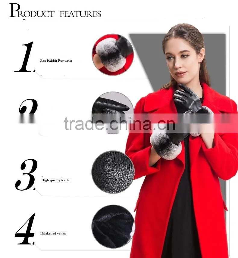 Ladies Wearing Leather Gloves With Gradient Rex Rabbit Fur Trim Genuine Sheep Skin